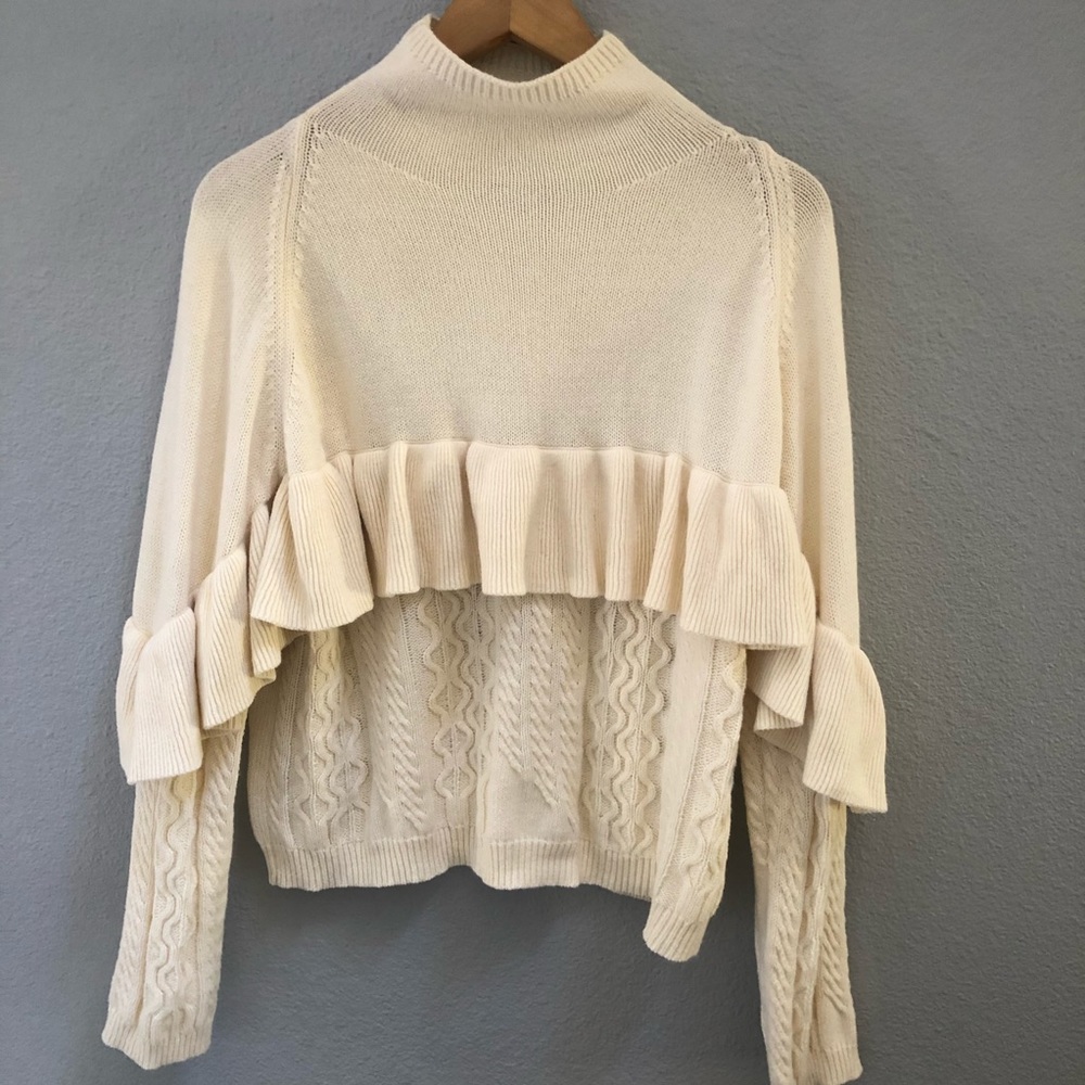 Nadam Mock Neck Ruffle Cable Knit Sweater M Ivory - Picture 2 of 7